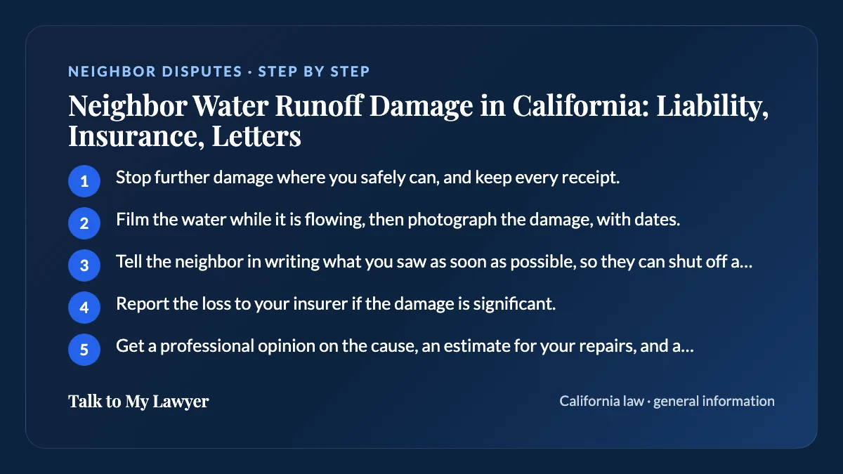 Step-by-step card: 5 steps, starting with "Stop further damage where you safely can, and keep every receipt"