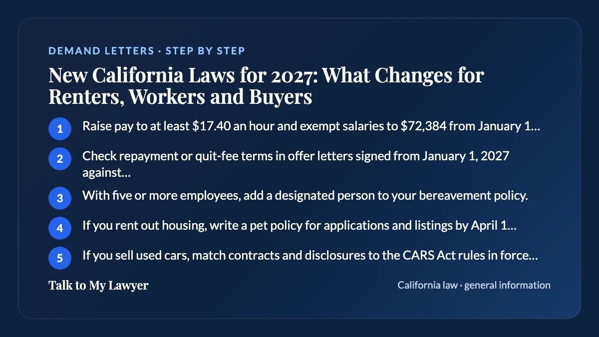 Step-by-step card: 5 steps, starting with "Raise pay to at least $17.40 an hour and exempt salaries to $72,384 from January 1, 2027,…"