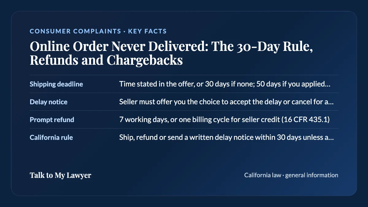 Key facts card: Shipping deadline; Delay notice; Prompt refund; California rule