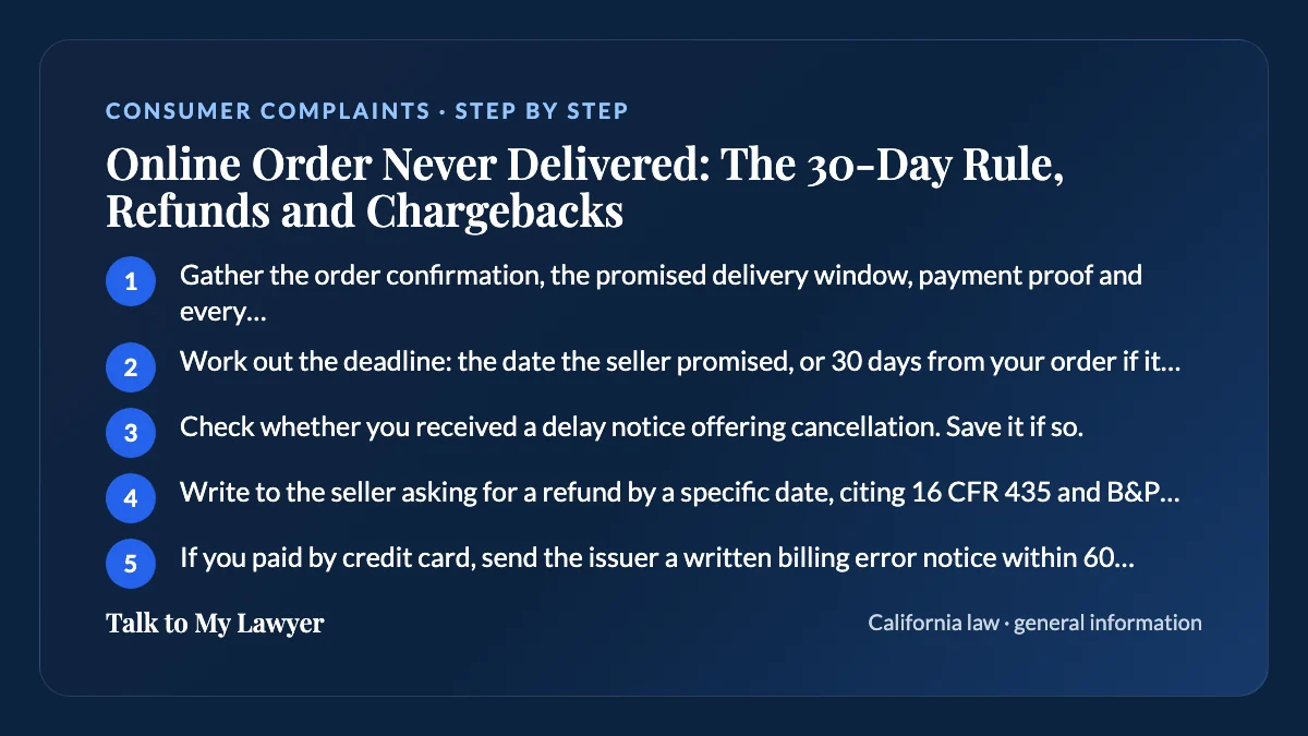 Step-by-step card: 5 steps, starting with "Gather the order confirmation, the promised delivery window, payment proof and every…"