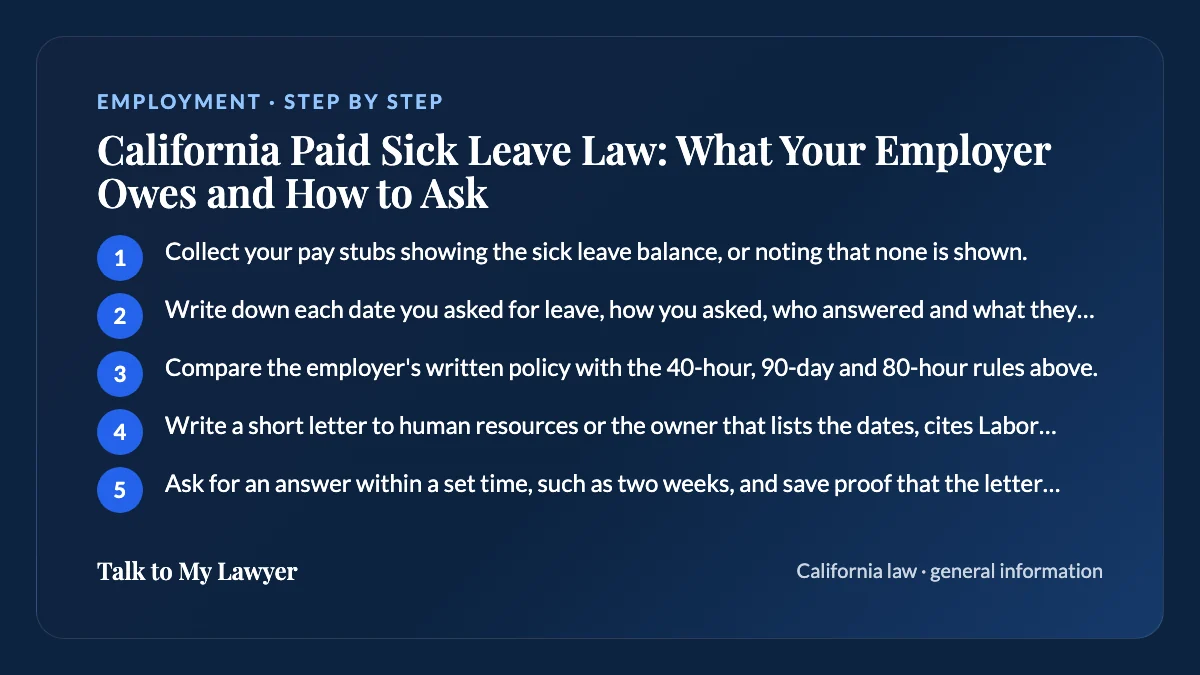 Step-by-step card: 5 steps, starting with "Collect your pay stubs showing the sick leave balance, or noting that none is shown"