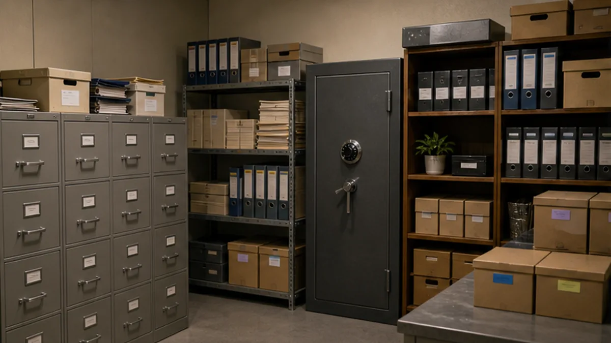 Partnership Records Demand Letter photo showing records room with file cabinets, safe dial, and ledger shelves