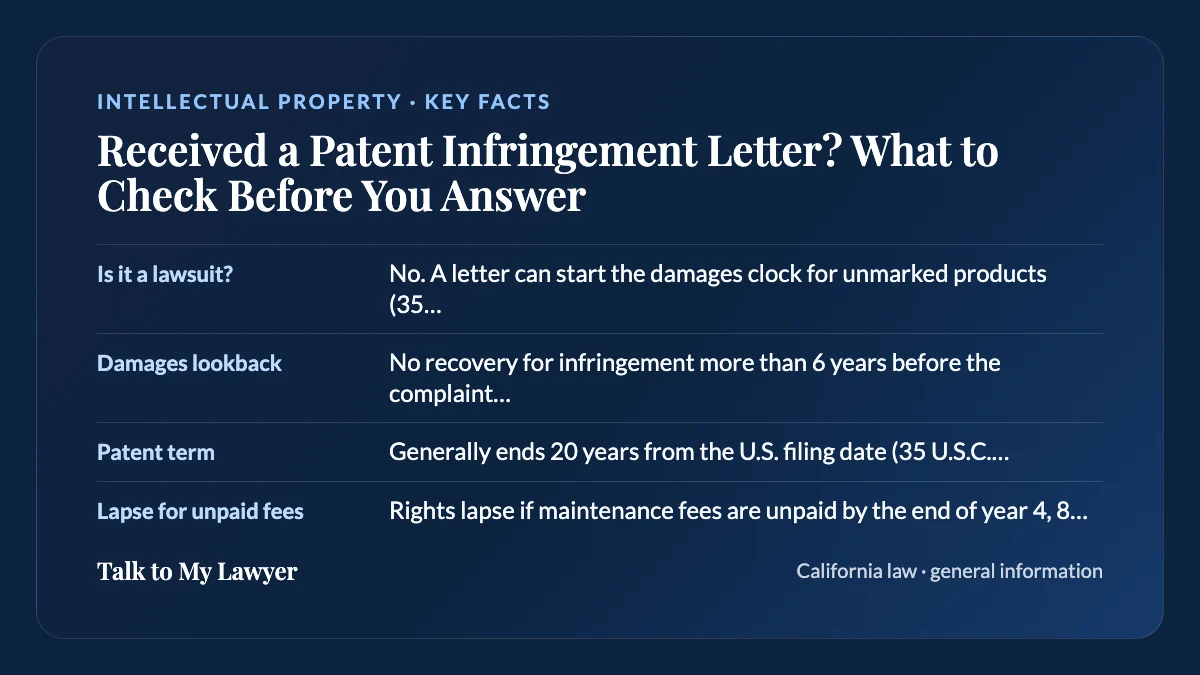 Key facts card: Is it a lawsuit?; Damages lookback; Patent term; Lapse for unpaid fees
