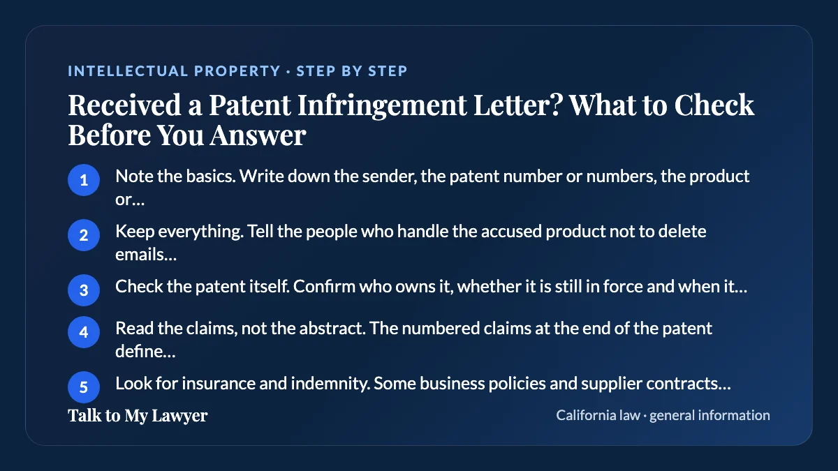 Step-by-step card: 5 steps, starting with "Note the basics. Write down the sender, the patent number or numbers, the product or…"