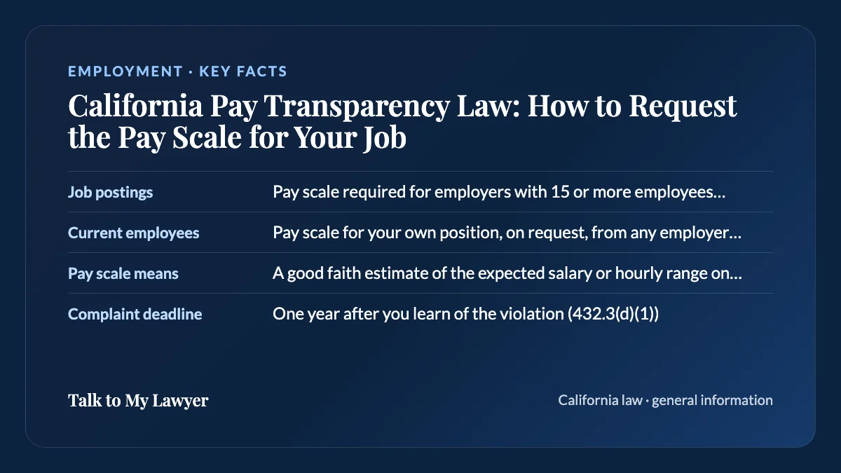 Key facts card: Job postings; Current employees; Pay scale means; Complaint deadline