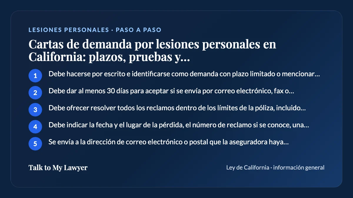 Tarjeta paso a paso: 5 pasos, empezando por "Debe hacerse por escrito e identificarse como demanda con plazo limitado o mencionar la…"