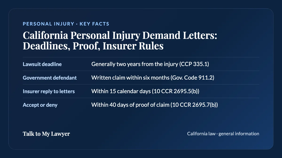 Key facts card: Lawsuit deadline; Government defendant; Insurer reply to letters; Accept or deny