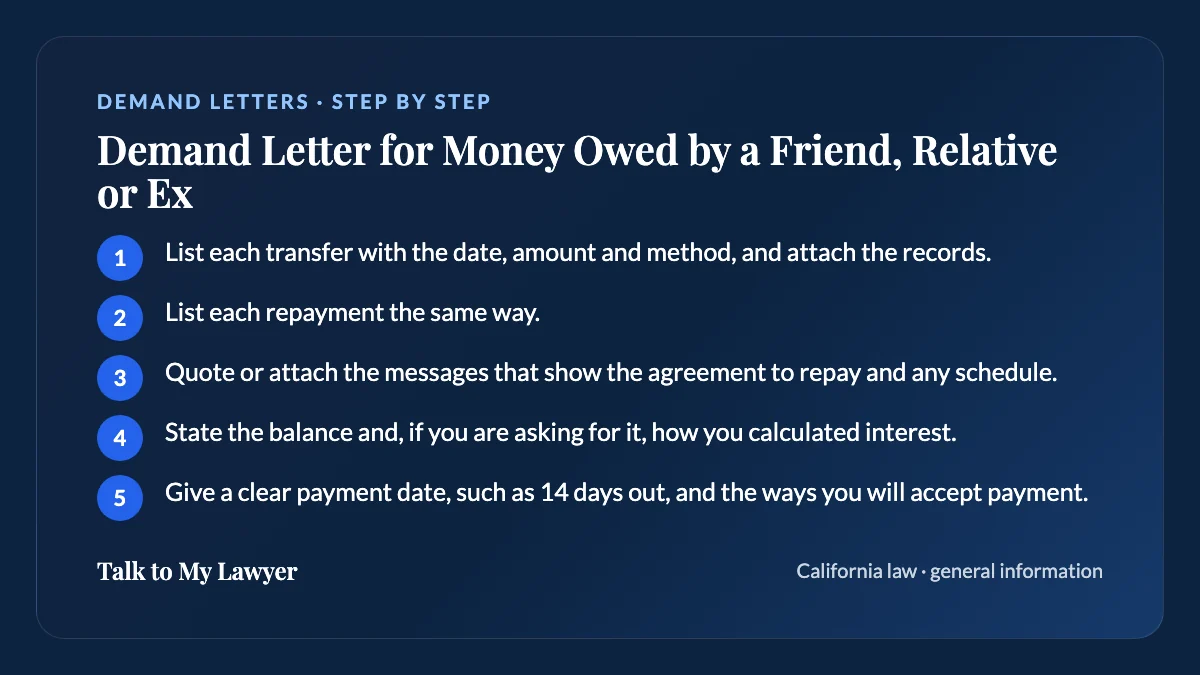 Step-by-step card: 5 steps, starting with "List each transfer with the date, amount and method, and attach the records"