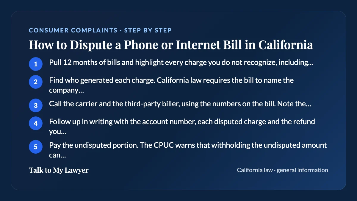 Step-by-step card: 5 steps, starting with "Pull 12 months of bills and highlight every charge you do not recognize, including small…"