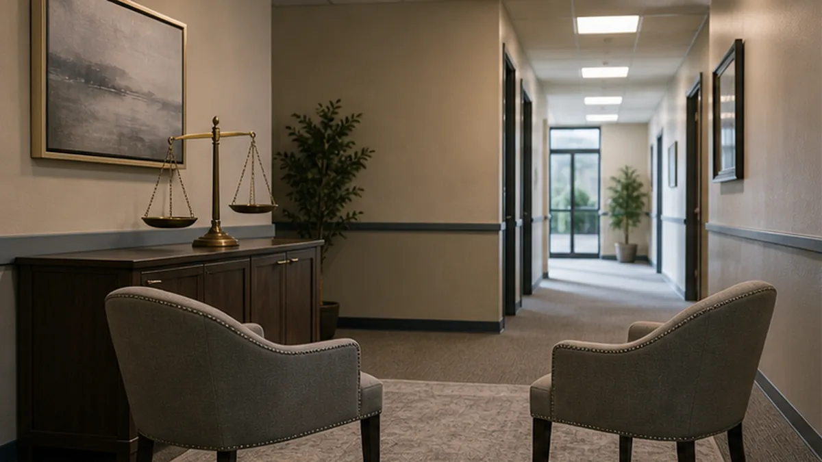 Pre-Litigation Settlement Demand Letter photo showing mediation hallway with two empty chairs and balanced settlement scale
