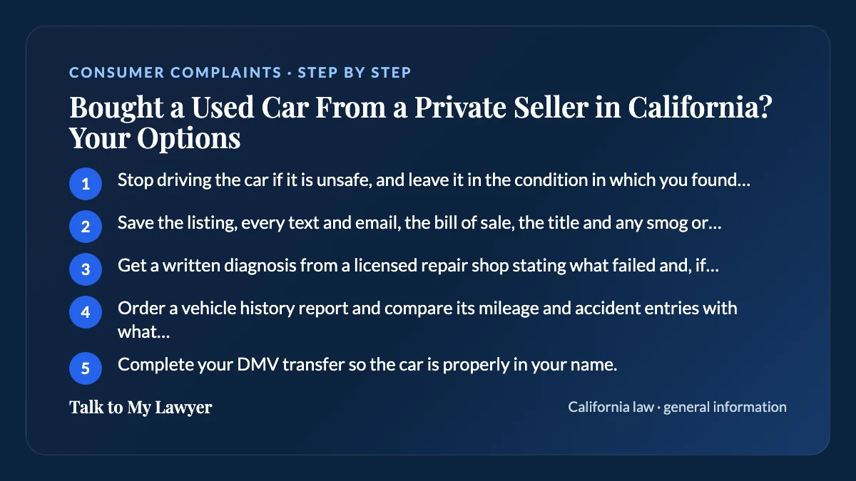 Step-by-step card: 5 steps, starting with "Stop driving the car if it is unsafe, and leave it in the condition in which you found the…"