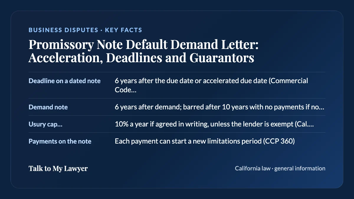 Key facts card: Deadline on a dated note; Demand note; Usury cap, personal-purpose loan; Payments on the note