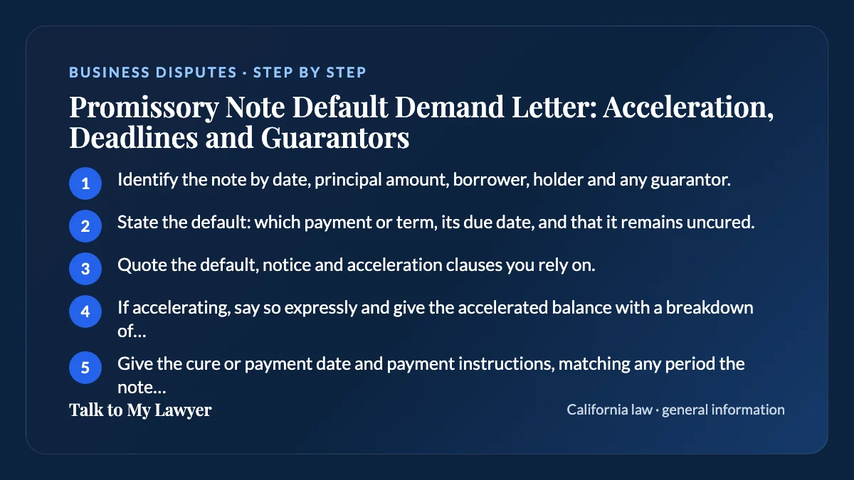 Step-by-step card: 5 steps, starting with "Identify the note by date, principal amount, borrower, holder and any guarantor"