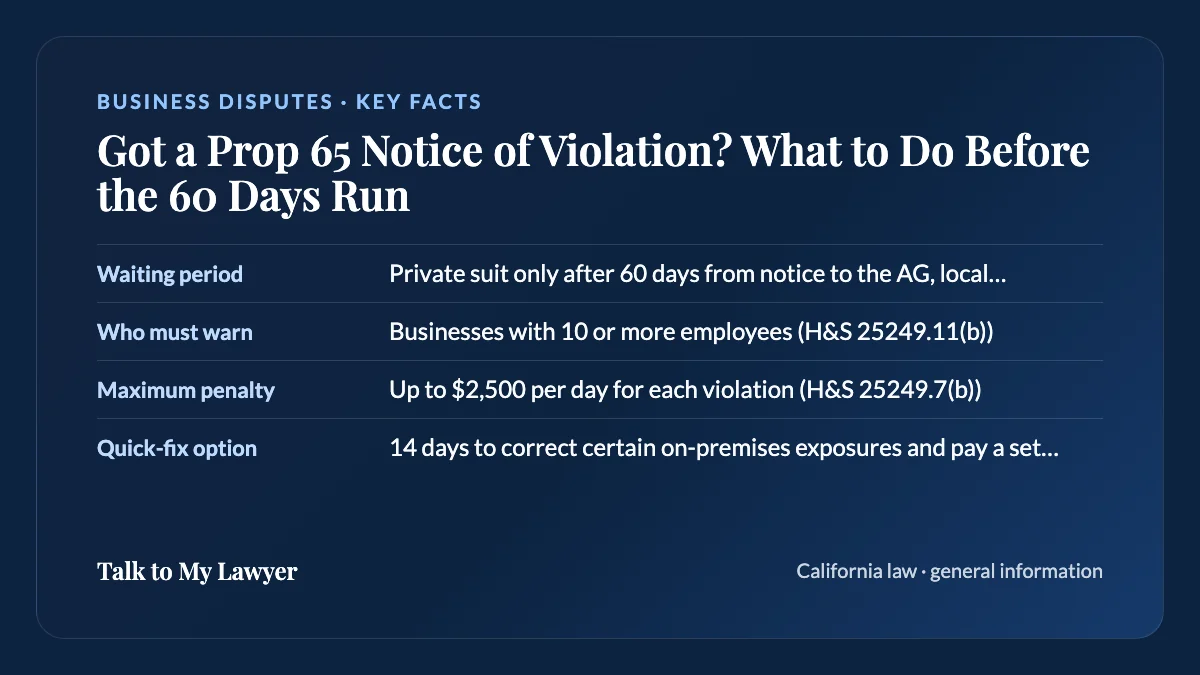 Key facts card: Waiting period; Who must warn; Maximum penalty; Quick-fix option
