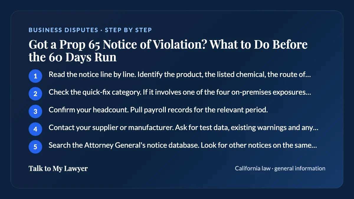 Step-by-step card: 5 steps, starting with "Read the notice line by line. Identify the product, the listed chemical, the route of…"