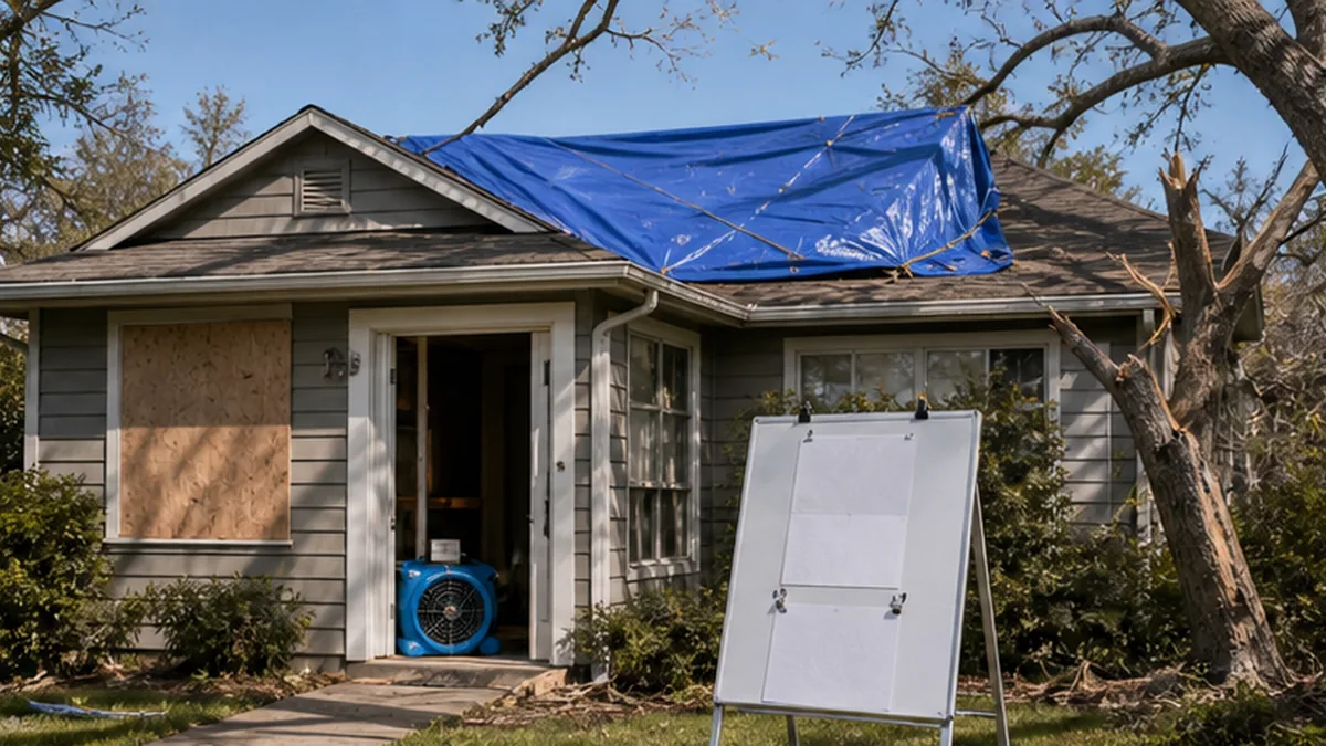 Property Damage Insurance Demand Letter photo showing house exterior after storm with roof patch, water line, and mitigation fan