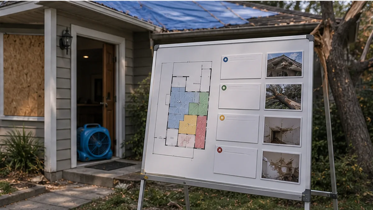 Property Damage Insurance Demand Letter evidence photo showing damage estimate board with repair zones and photo markers