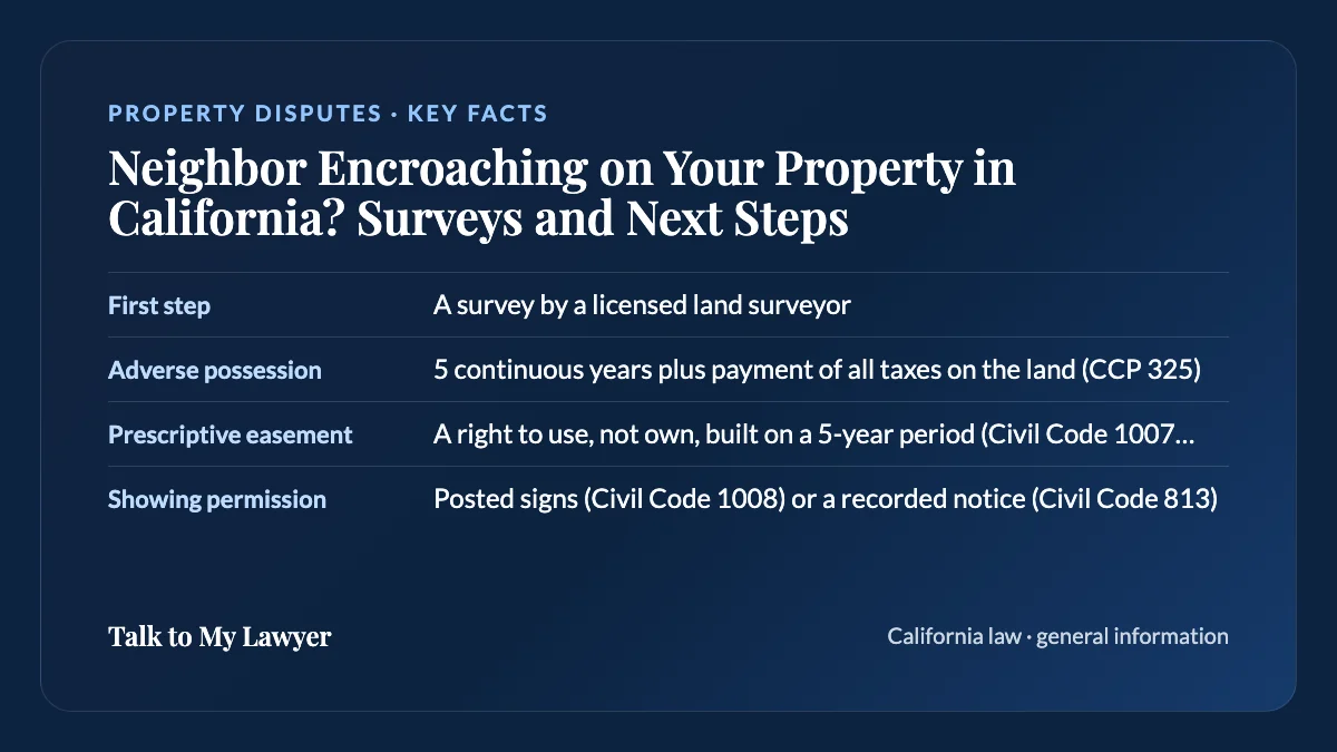 Key facts card: First step; Adverse possession; Prescriptive easement; Showing permission