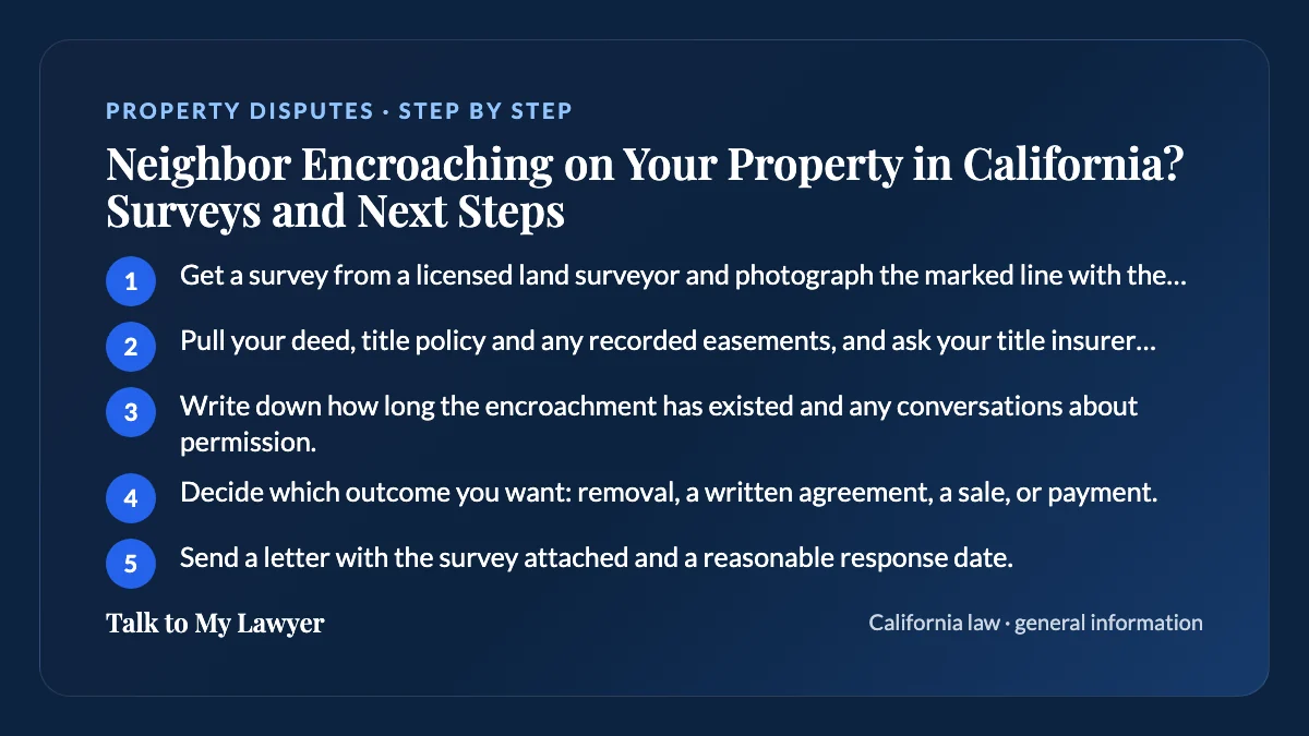 Step-by-step card: 5 steps, starting with "Get a survey from a licensed land surveyor and photograph the marked line with the…"