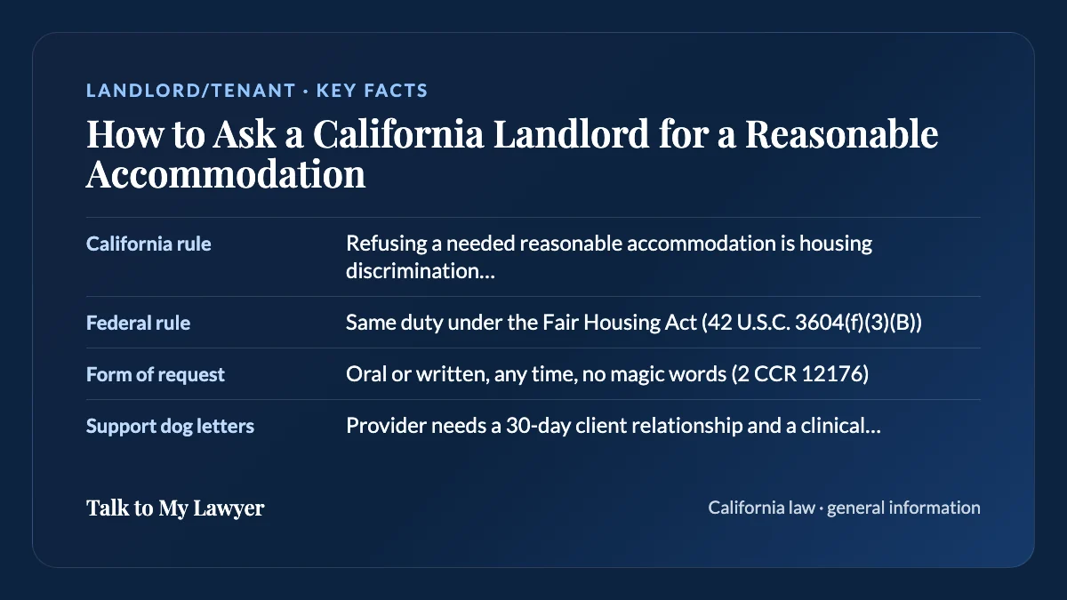 Key facts card: California rule; Federal rule; Form of request; Support dog letters