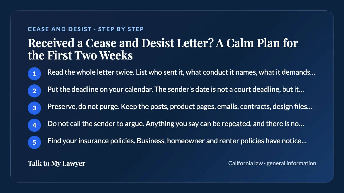Step-by-step card: 5 steps, starting with "Read the whole letter twice. List who sent it, what conduct it names, what it demands and…"