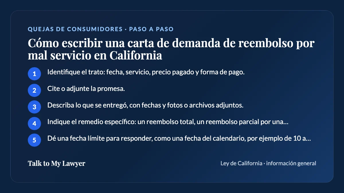 Tarjeta paso a paso: 5 pasos, empezando por "Identifique el trato: fecha, servicio, precio pagado y forma de pago"