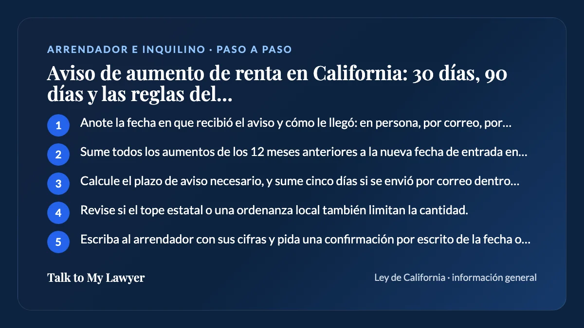 Tarjeta paso a paso: 5 pasos, empezando por "Anote la fecha en que recibió el aviso y cómo le llegó: en persona, por correo, por…"