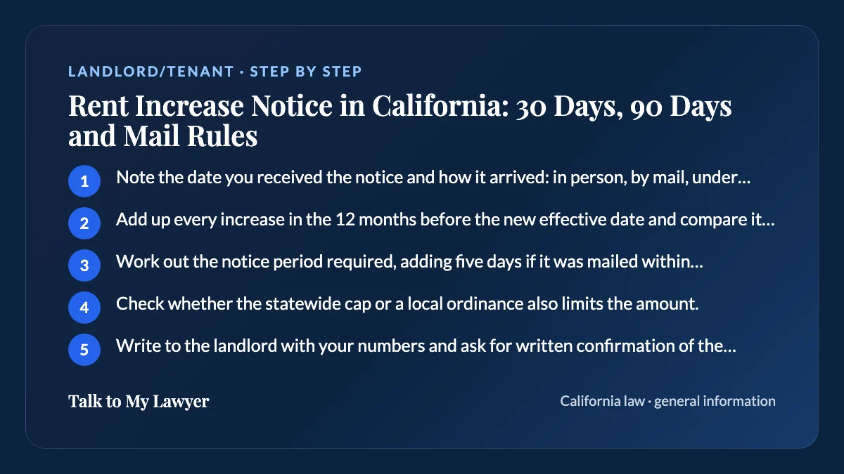 Step-by-step card: 5 steps, starting with "Note the date you received the notice and how it arrived: in person, by mail, under the…"