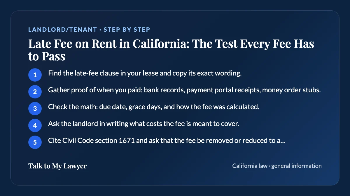 Step-by-step card: 5 steps, starting with "Find the late-fee clause in your lease and copy its exact wording"