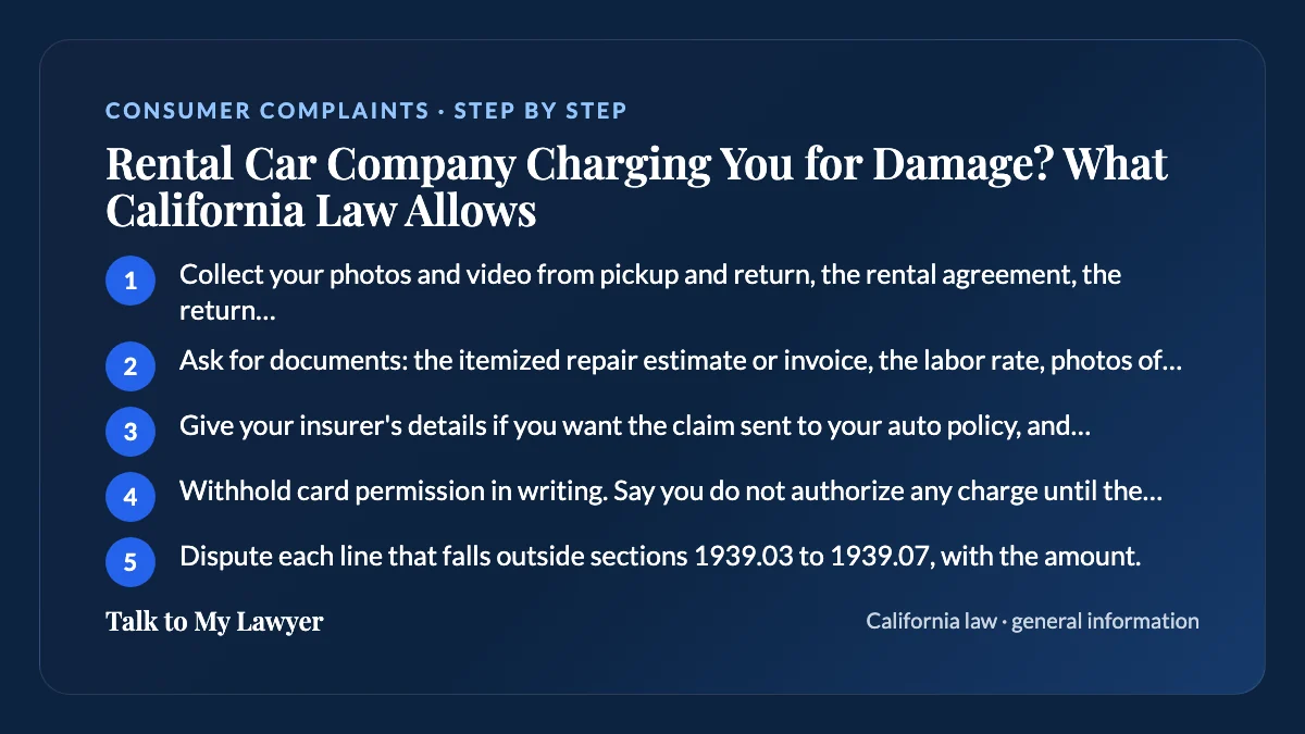 Step-by-step card: 5 steps, starting with "Collect your photos and video from pickup and return, the rental agreement, the return…"