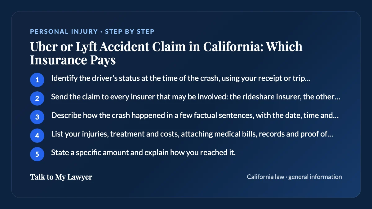 Step-by-step card: 5 steps, starting with "Identify the driver's status at the time of the crash, using your receipt or trip times,…"