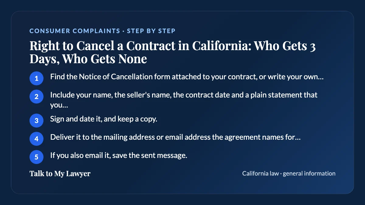 Step-by-step card: 5 steps, starting with "Find the Notice of Cancellation form attached to your contract, or write your own short notice"