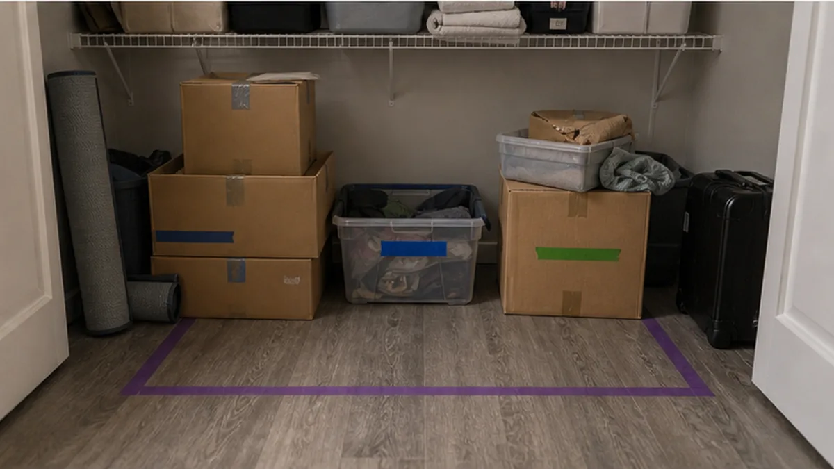 Roommate Property Demand Letter photo showing shared storage closet with labeled moving boxes and separated belongings