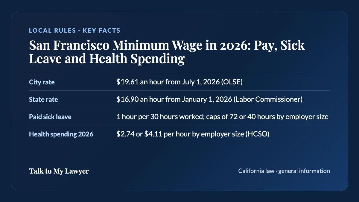 Key facts card: City rate; State rate; Paid sick leave; Health spending 2026