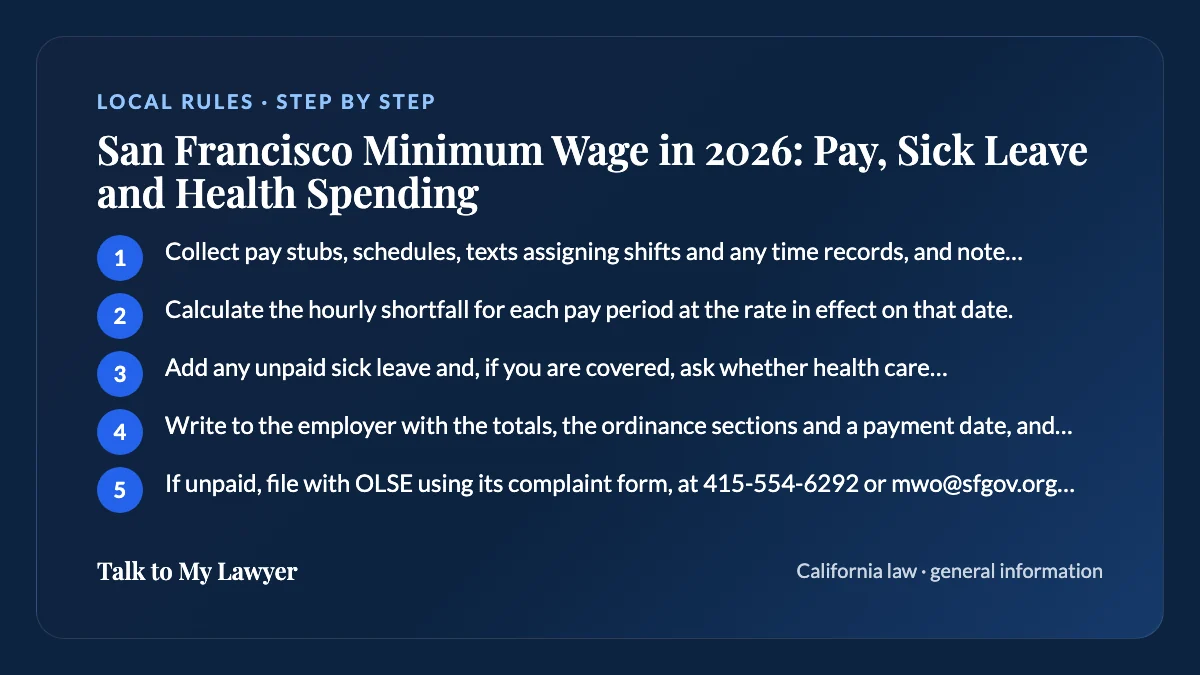 Step-by-step card: 5 steps, starting with "Collect pay stubs, schedules, texts assigning shifts and any time records, and note which…"