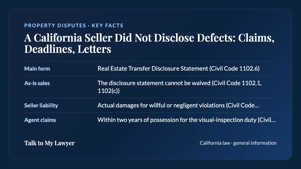 Key facts card: Main form; As-is sales; Seller liability; Agent claims