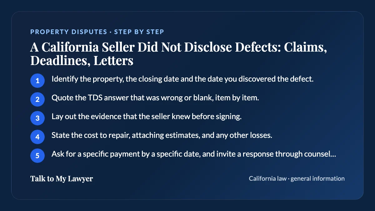 Step-by-step card: 5 steps, starting with "Identify the property, the closing date and the date you discovered the defect"