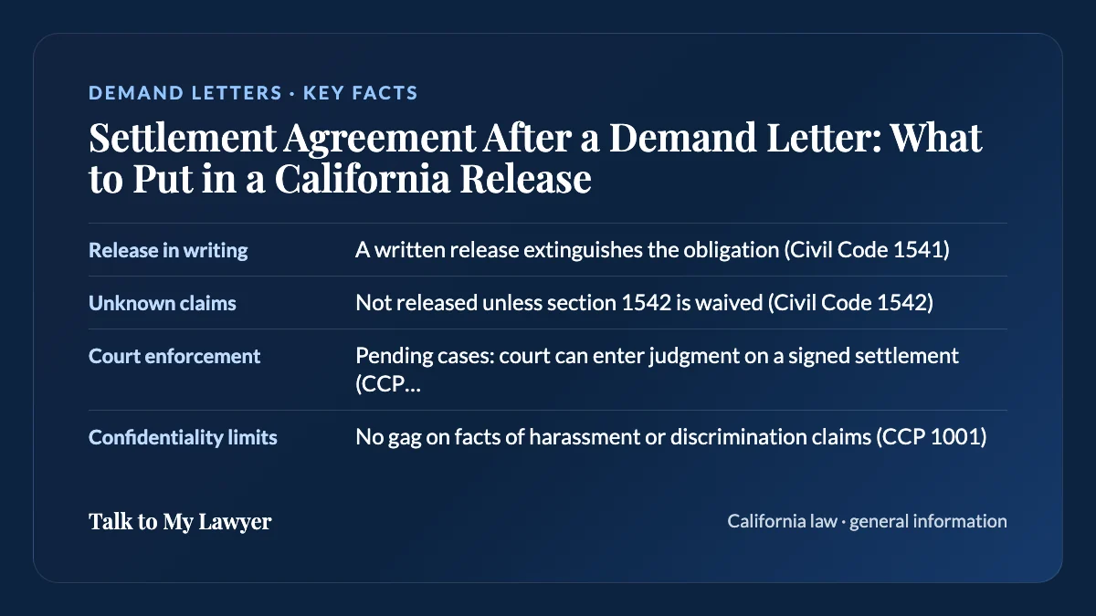 Key facts card: Release in writing; Unknown claims; Court enforcement; Confidentiality limits