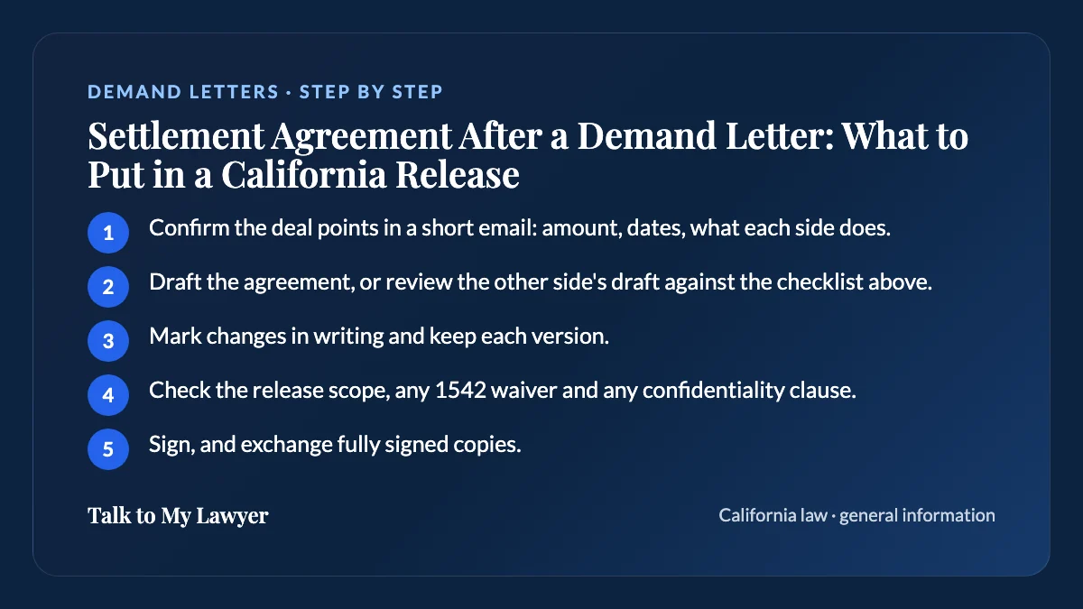 Step-by-step card: 5 steps, starting with "Confirm the deal points in a short email: amount, dates, what each side does"