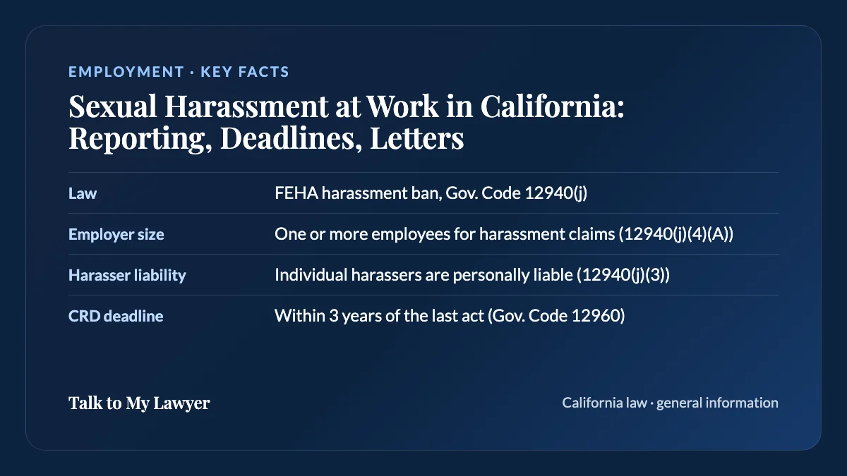 Key facts card: Law; Employer size; Harasser liability; CRD deadline