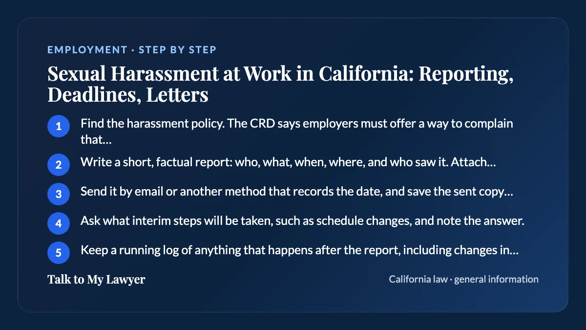 Step-by-step card: 5 steps, starting with "Find the harassment policy. The CRD says employers must offer a way to complain that does…"