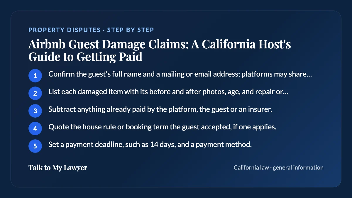 Step-by-step card: 5 steps, starting with "Confirm the guest's full name and a mailing or email address; platforms may share limited…"
