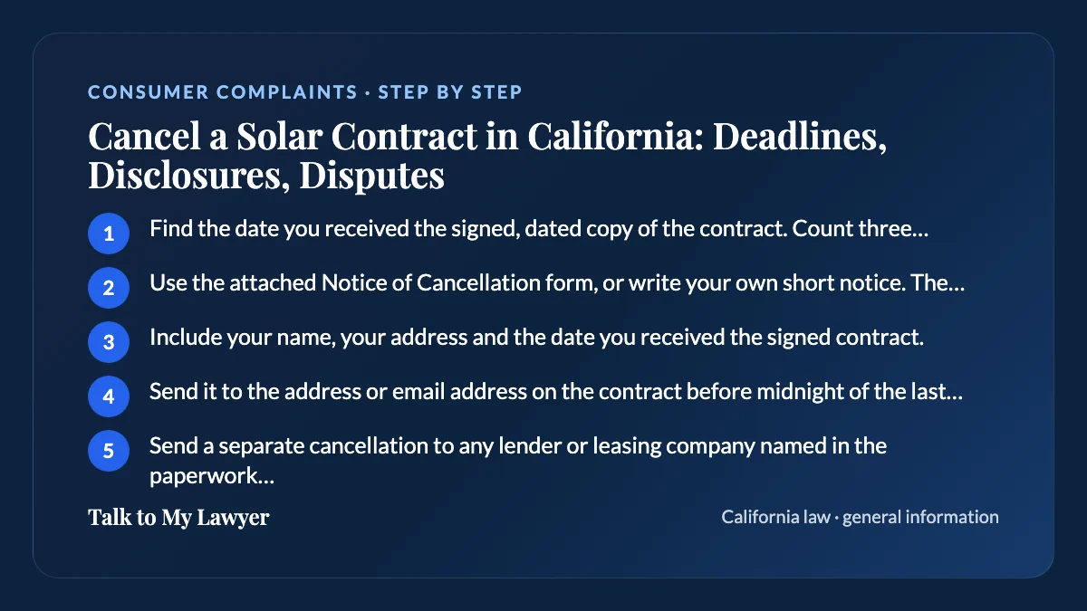 Step-by-step card: 5 steps, starting with "Find the date you received the signed, dated copy of the contract. Count three business…"
