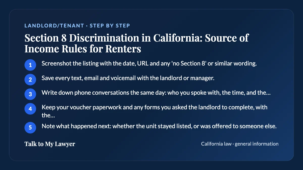 Step-by-step card: 5 steps, starting with "Screenshot the listing with the date, URL and any 'no Section 8' or similar wording"