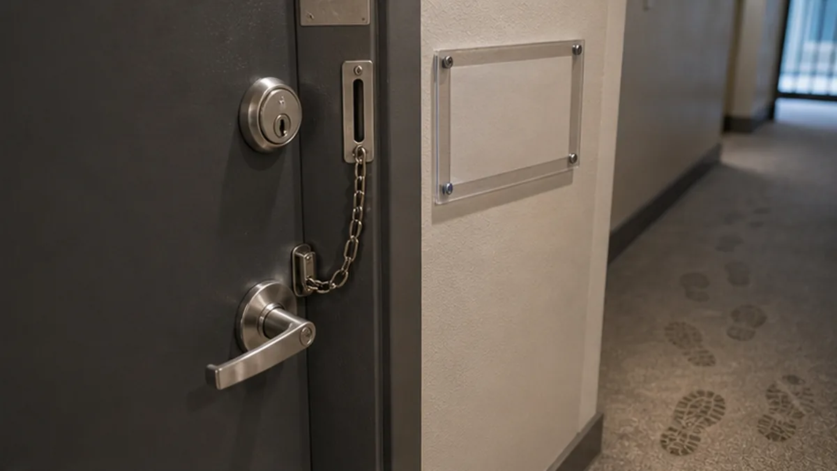 Tenant Privacy and Illegal Entry Demand Letter photo showing apartment door with lock cylinder, footprints, and notice gap