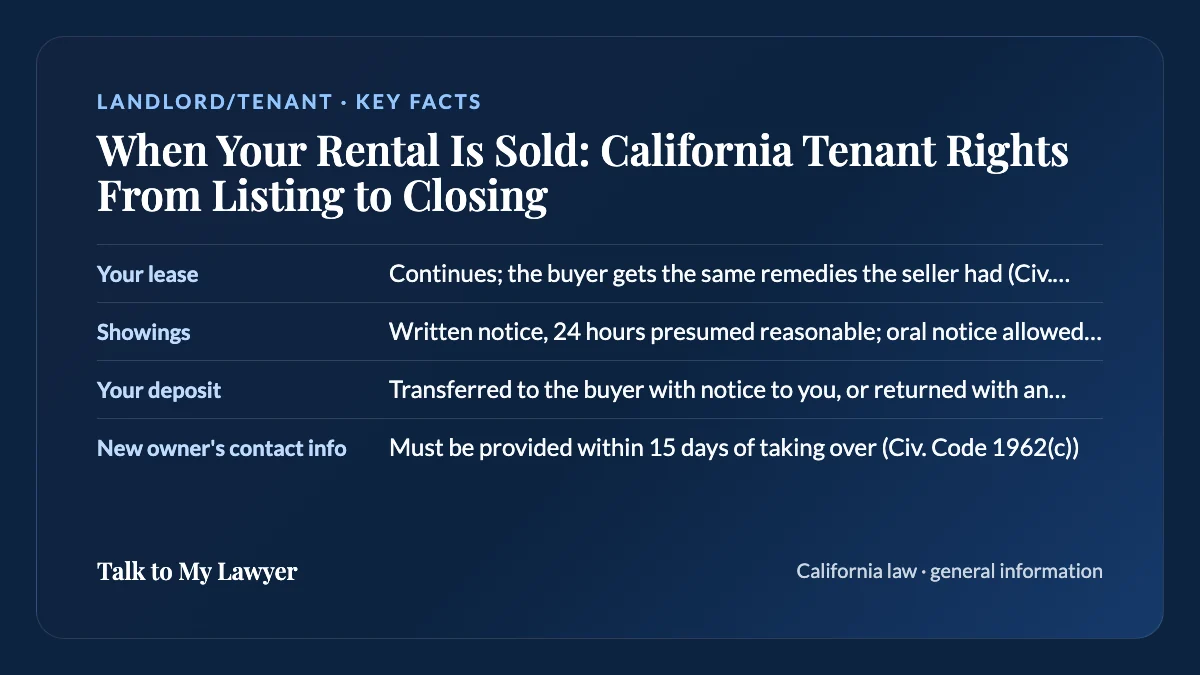 Key facts card: Your lease; Showings; Your deposit; New owner's contact info