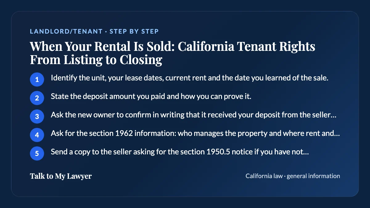 Step-by-step card: 5 steps, starting with "Identify the unit, your lease dates, current rent and the date you learned of the sale"