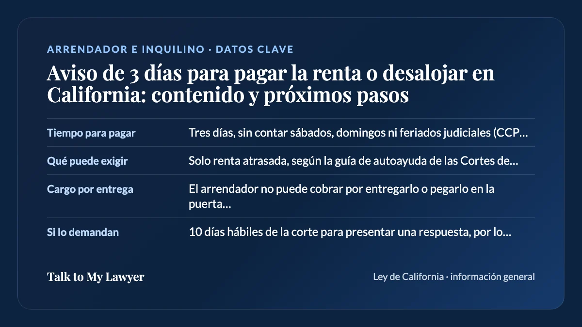 Tarjeta de datos clave: Tiempo para pagar; Qué puede exigir; Cargo por entrega; Si lo demandan