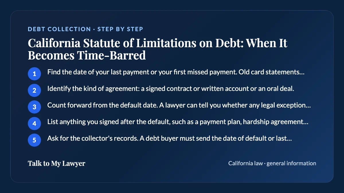 Step-by-step card: 5 steps, starting with "Find the date of your last payment or your first missed payment. Old card statements and…"