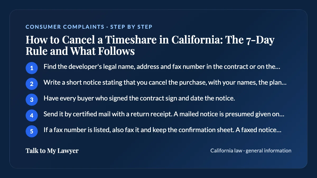 Step-by-step card: 5 steps, starting with "Find the developer's legal name, address and fax number in the contract or on the…"